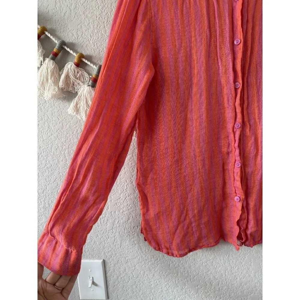 Nicole Miller 100% Linen Pink Orange Striped Button Up Top Beachy Coastal Vacay